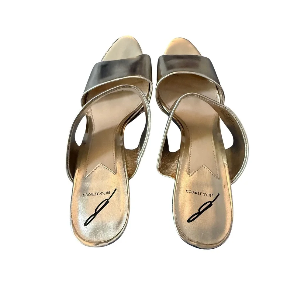 Brian Atwood B-Pippa Gold Metallic Leather Slide Stiletto Sandals Heels 9.5M